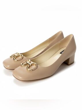 Nine West Caven Pumps Size 12 Beige Leather Square Toe Block Heel Horsebit NWOT